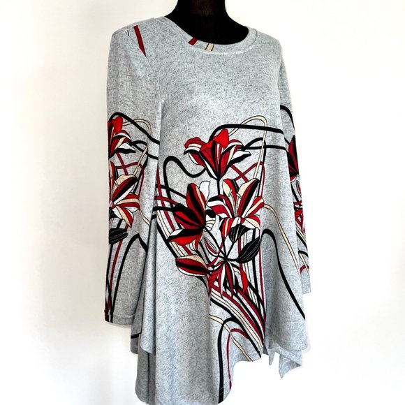 NWT Orange Fashion Village Gray Asymmetric Flower Sweater Dress Tunic S/M - Picture 4 of 9